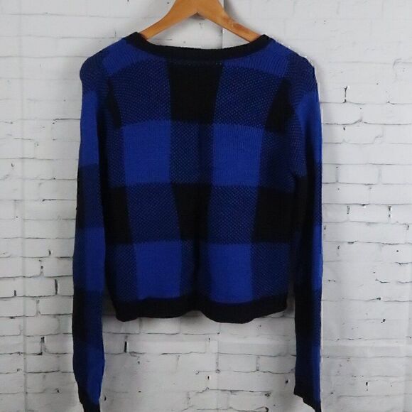 OH MG! BLACK & BLUE BUFFALO PLAID LONG SLEEVE ROUND NECK CROPPED SWEATER SIZE S - Picture 5 of 5